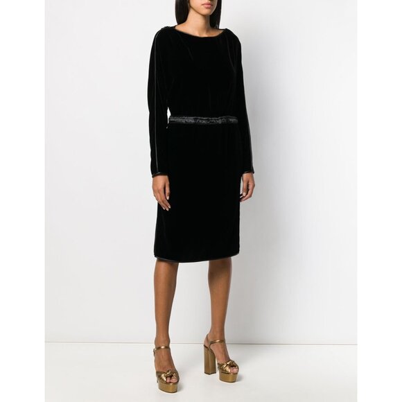 GUCCI DRESS VELVET DRAWSTRING MIDI BLACK LONG SLEEVE sz IT 44 US 8 - Picture 2 of 12